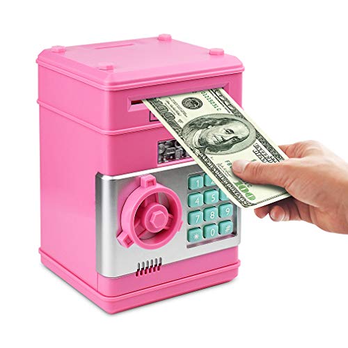 Setibre Piggy Bank, Electronic ATM Password Cash Coin Can Auto Scroll Paper Money Saving Box Toy Gift for Kids (Pink)