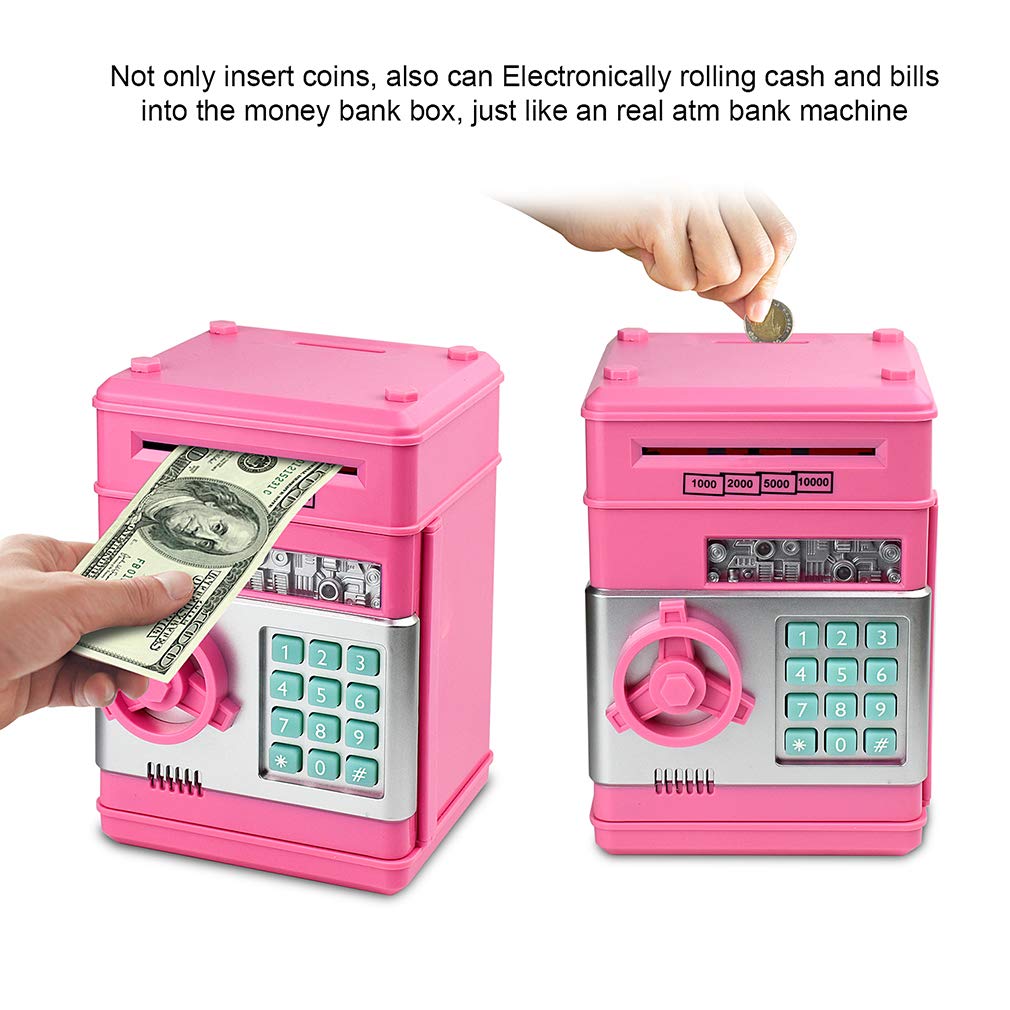 Setibre Piggy Bank, Electronic ATM Password Cash Coin Can Auto Scroll Paper Money Saving Box Toy Gift for Kids (Pink)