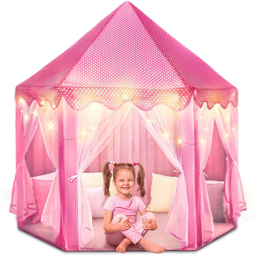 FoxPrint Castle Princess Tents for Little Girls with Lights, Soft Fairy Star Lighting for Indoor and Outdoor Play, Quick 55” x 5