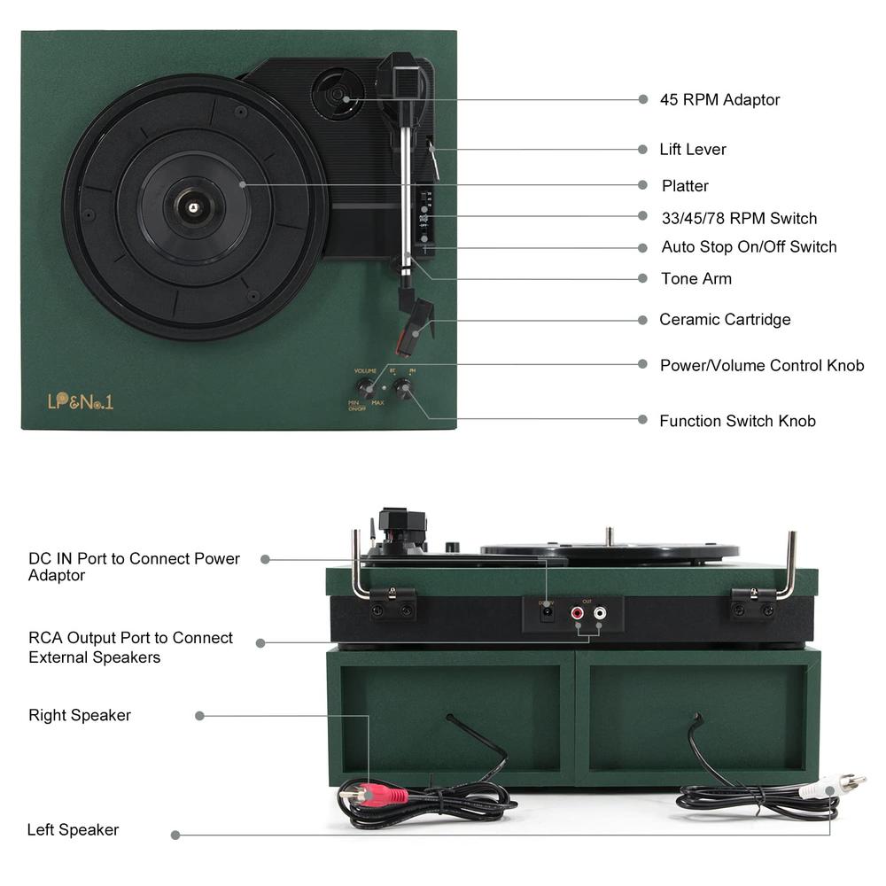 LP&No.1 Bluetooth Turntable with Stereo Bookshelf Speakers, Retro Record Player with Wireless Playback, 3 Speed Belt-Drive Vinta