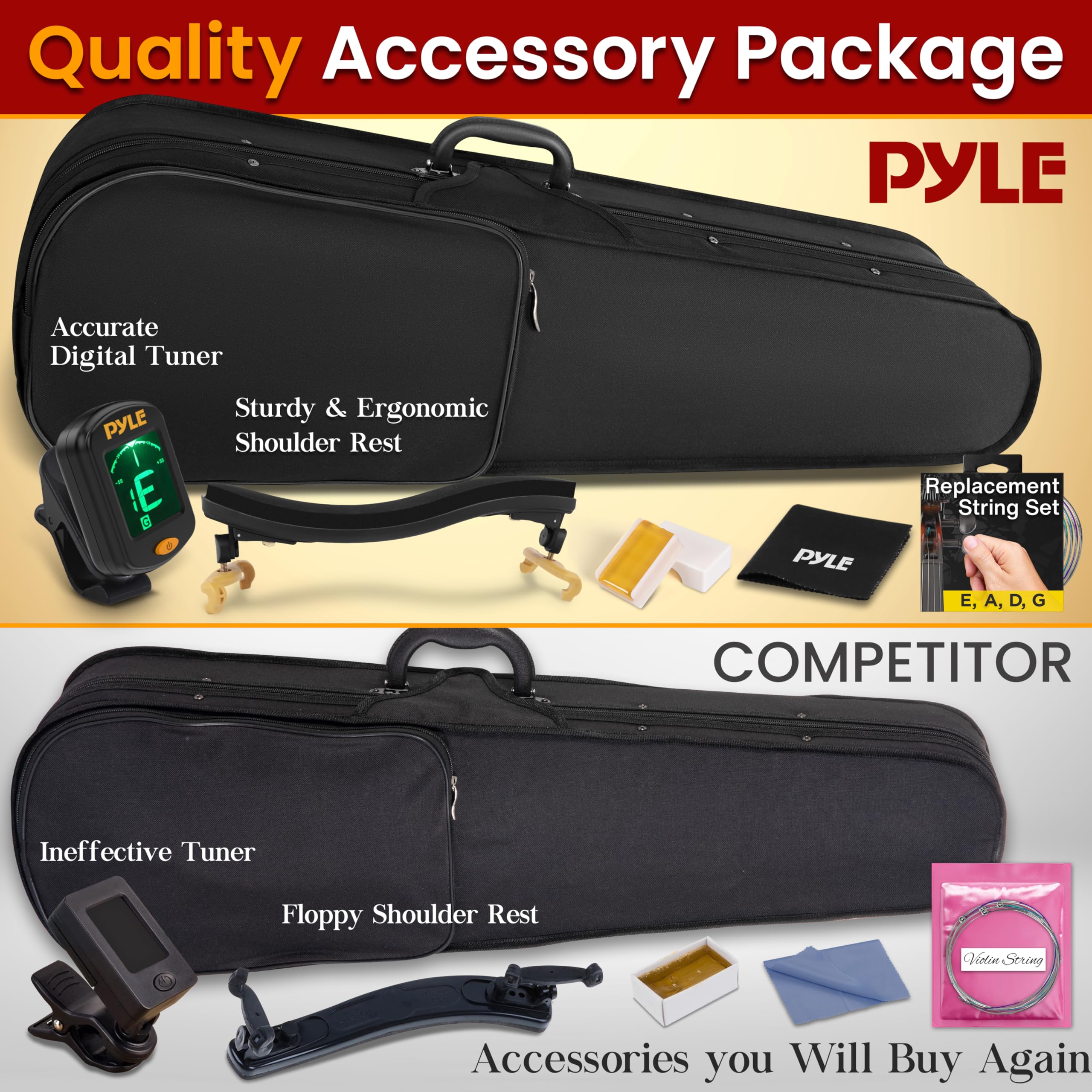 Pyle 3/4 Size Beginner Violin Starter Kit, Violin Starter Package with Travel Case & Bow, Extra Strings, Digital Tuner, Shoulder