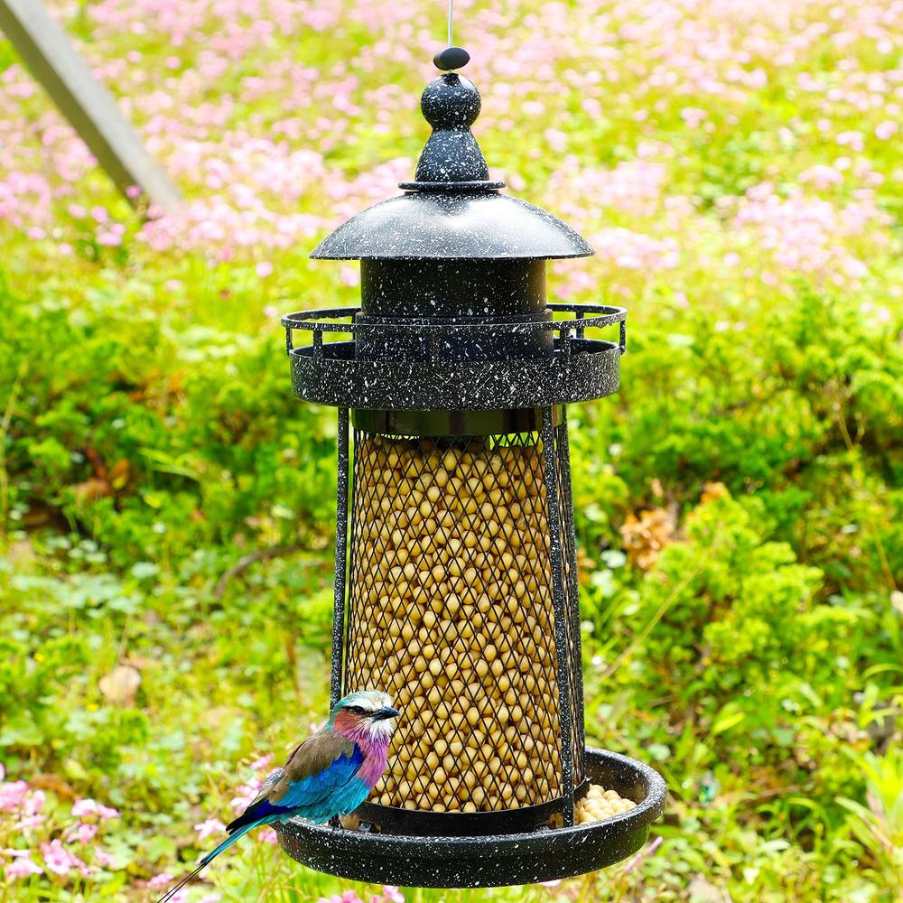 Twinkle Star Wild Bird Feeder Hanging for Garden Yard Outside Decoration, Panorama Gazebo Birdfeeder, Lighthouse Shaped, Black
