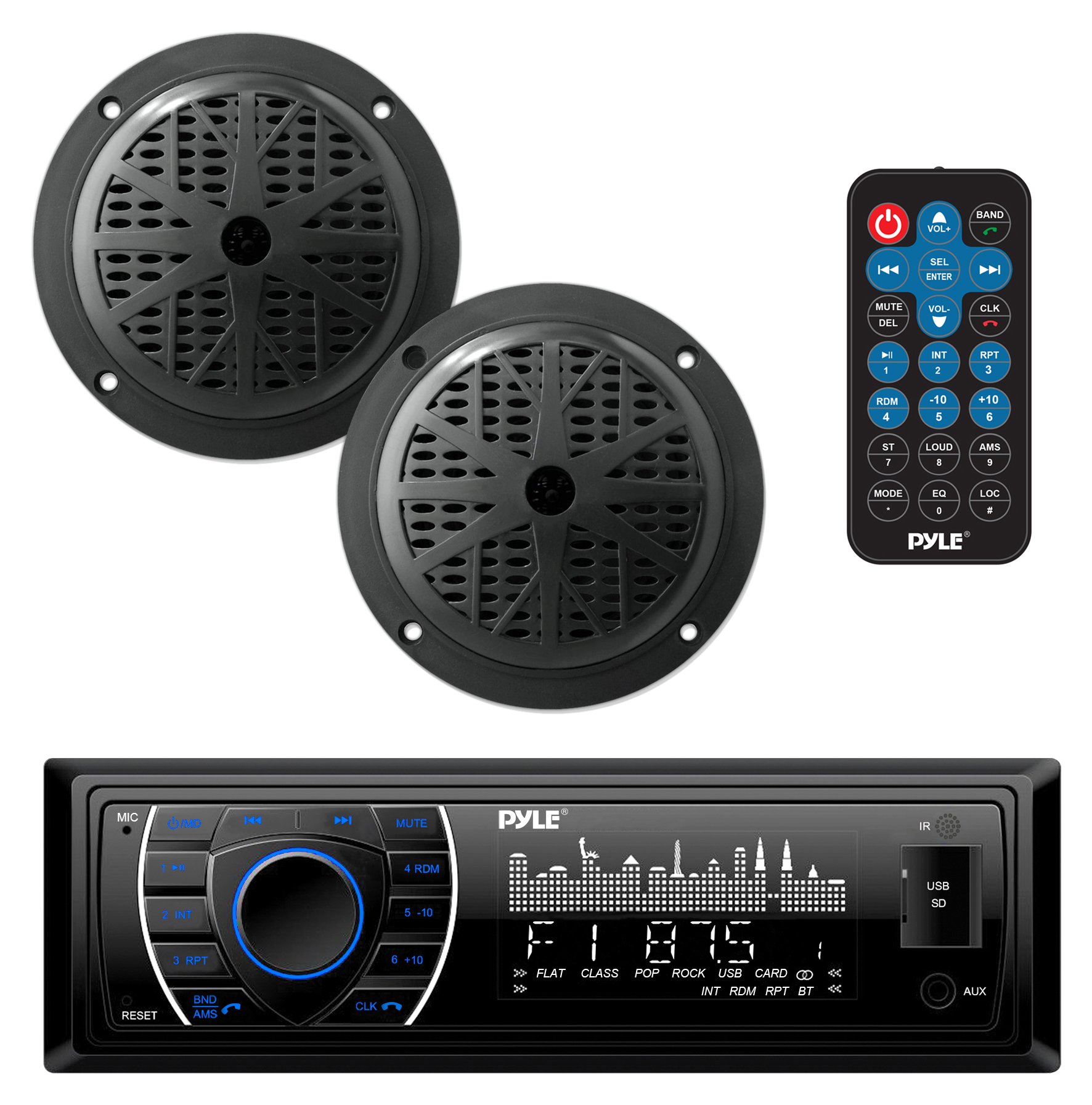 Pyle Marine Headunit Receiver Speaker Kit - In-Dash LCD Digital Stereo Built-in Bluetooth & Microphone w/AM FM Radio System 5.25