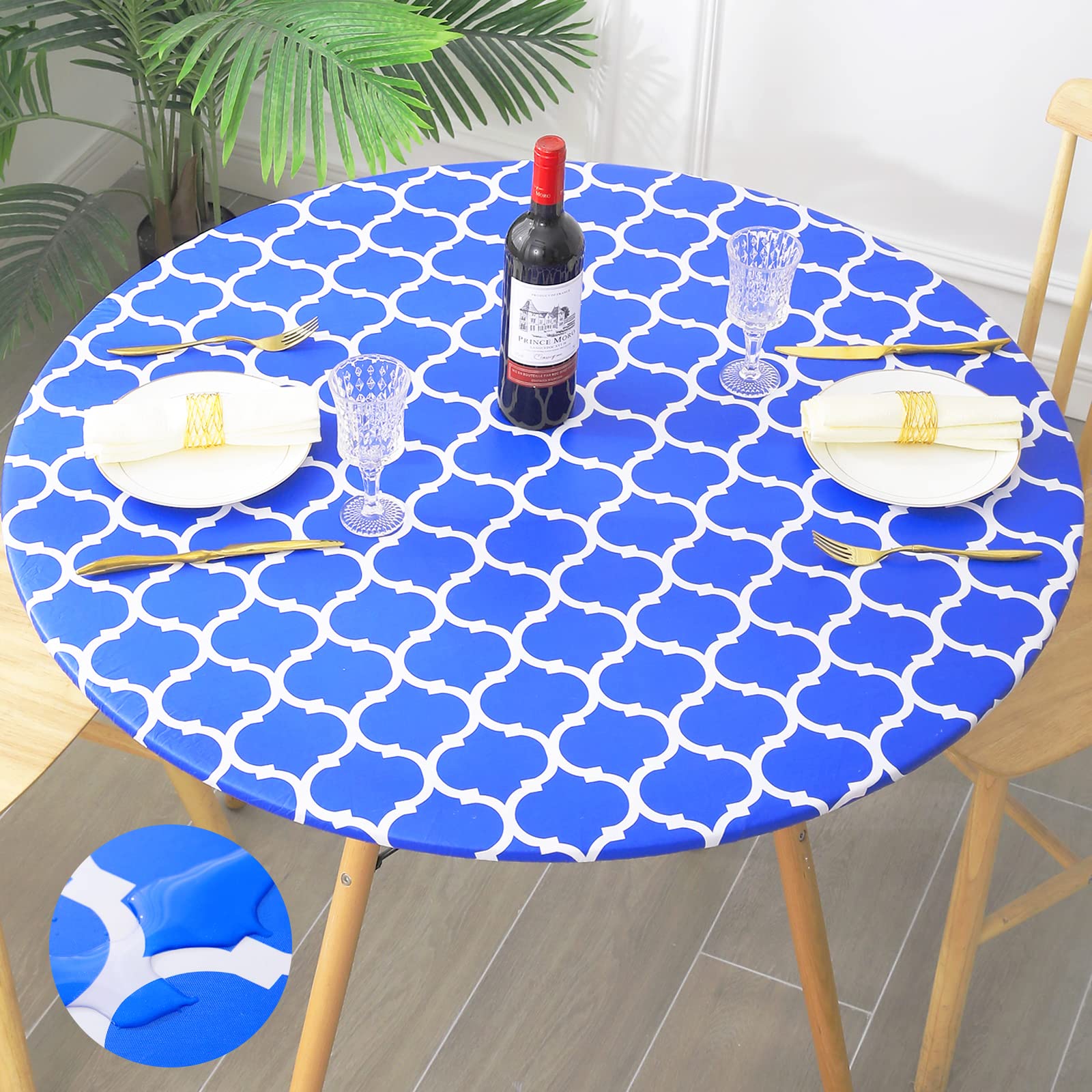 smiry Round Tablecloth, Waterproof Elastic Fitted Table Covers for 57" - 68" Tables, Wipeable Flannel Backed Vinyl Tablecloths f