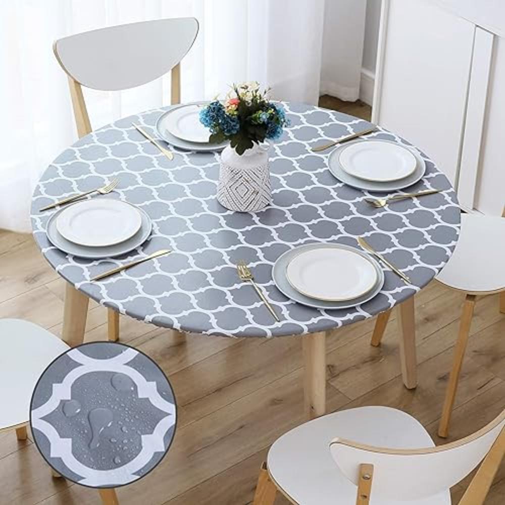 smiry Round Tablecloth, Waterproof Elastic Fitted Table Covers for 36" - 44" Tables, Wipeable Flannel Backed Vinyl Tablecloths f