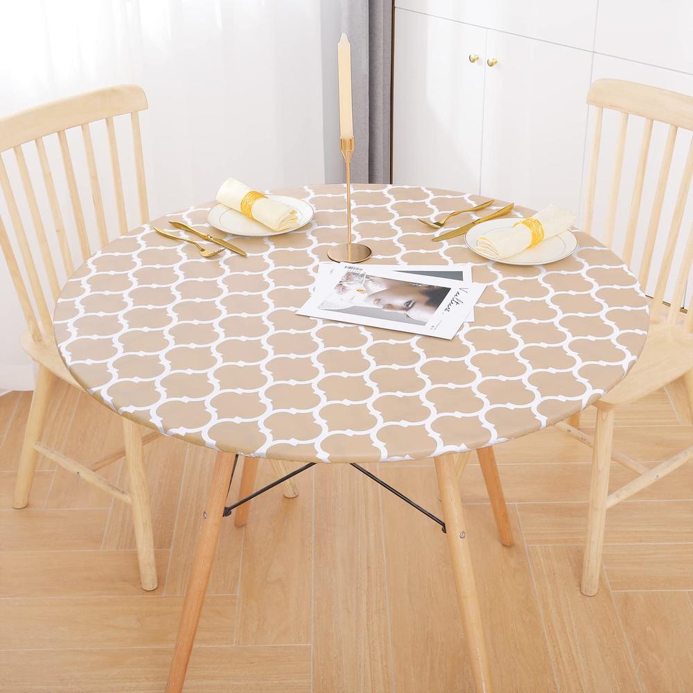 smiry Round Tablecloth, Waterproof Elastic Fitted Table Covers for 57" - 68" Tables, Wipeable Flannel Backed Vinyl Tablecloths f