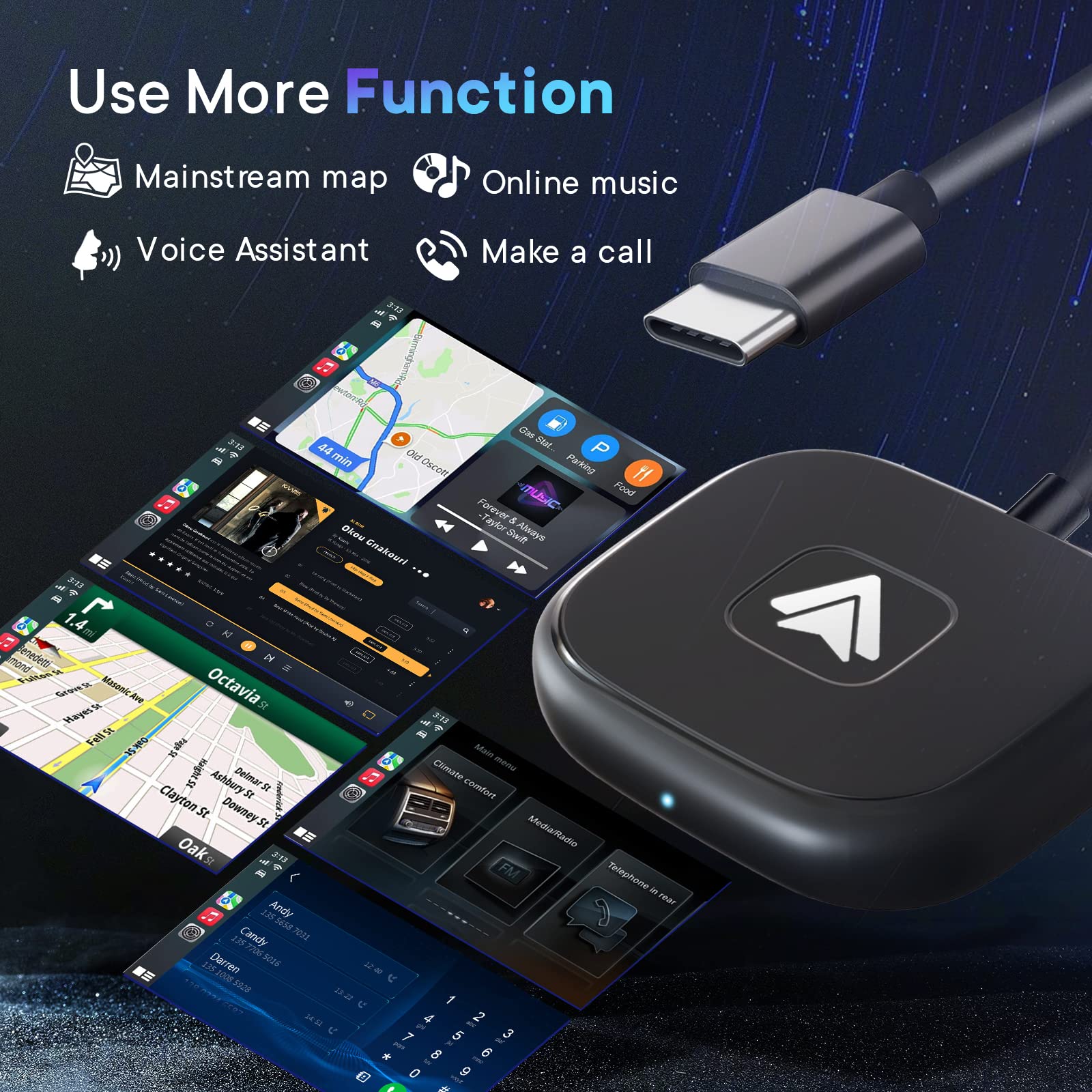 Kiuudre Android Auto Wireless Adapter for OEM Factory Wired Android Auto Cars, Plug and Play, Support USB and Type-C Interface,