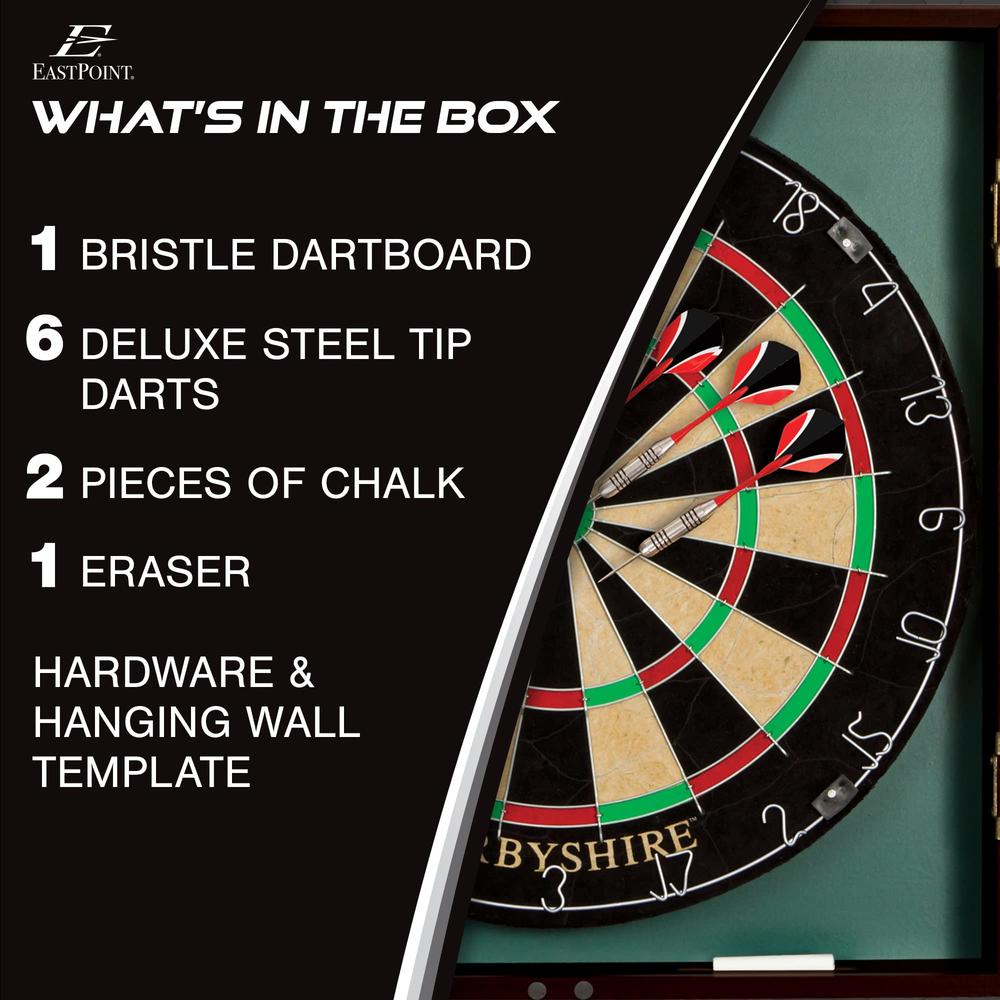 EastPoint Sports Derbyshire Official Size Dart Board Cabinet Set- Easy-Assembly & Complete with 6 Deluxe Steel Tip Darts and Acc