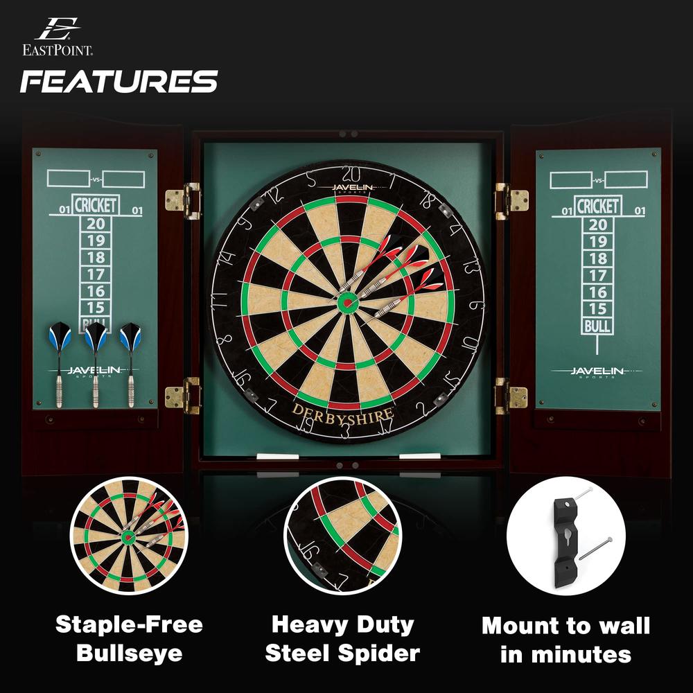 EastPoint Sports Derbyshire Official Size Dart Board Cabinet Set- Easy-Assembly & Complete with 6 Deluxe Steel Tip Darts and Acc