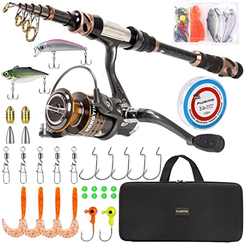 PLUSINNO Fishing Rod and Reel Combos -24 Ton Carbon Fiber Telescopic Fishing Pole - Spinning Reel 12 +1 Shielded Bearings Stainless Steel BB-Free
