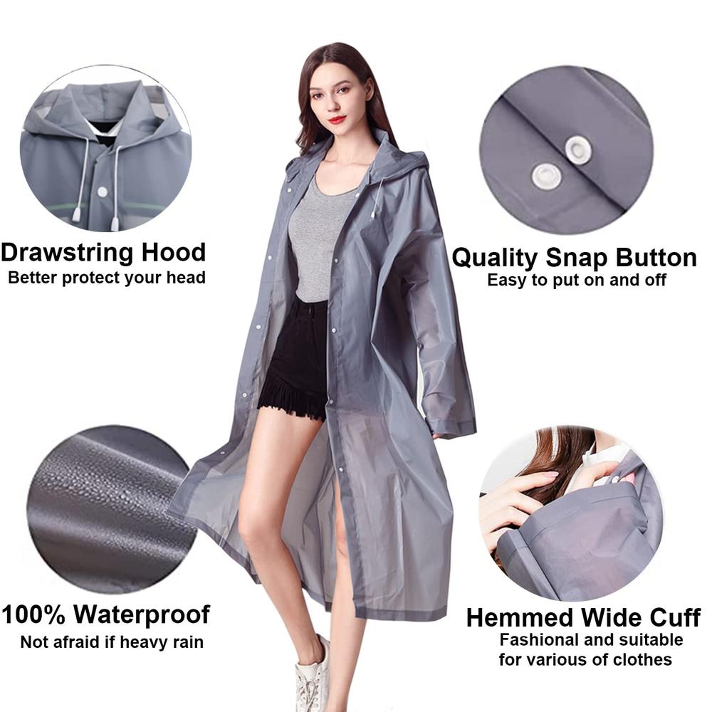 Cosowe Rain Ponchos for Adults Reusable, 2 Pcs Raincoats for Women Men with Hood (E-Gray)