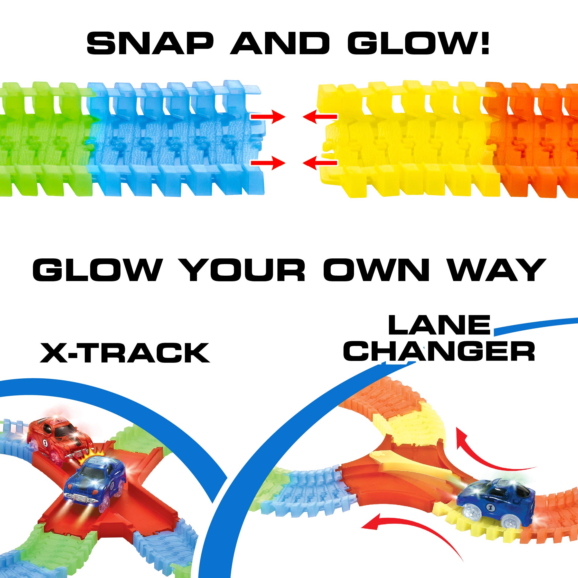USA Toyz Glow Race Tracks for Boys or Girls - 360pk Glow in The Dark Flexible Rainbow Race Track Set w/ 2 Light Up Toy Cars and