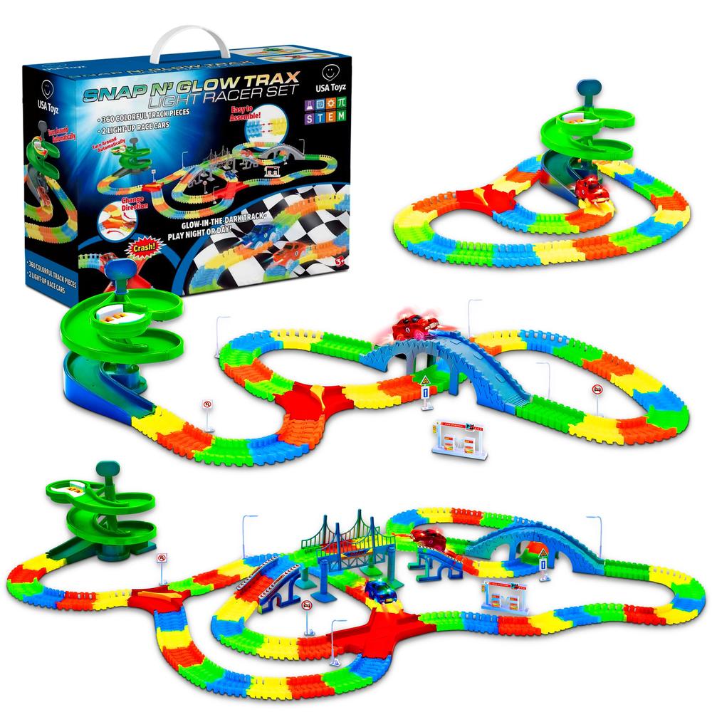 USA Toyz Glow Race Tracks for Boys or Girls - 360pk Glow in The Dark Flexible Rainbow Race Track Set w/ 2 Light Up Toy Cars and