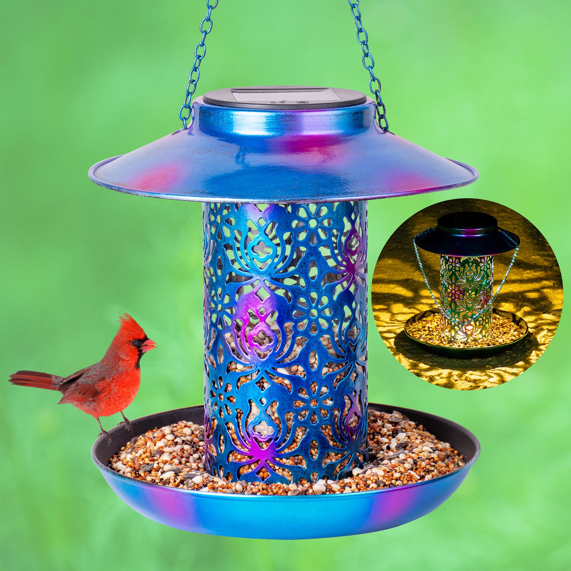 Ottsuls Solar Bird Feeder for Outdoors Hanging, Metal Wild Cardinals Garden Lantern with S Hook, Weatherproof and Water Resistan