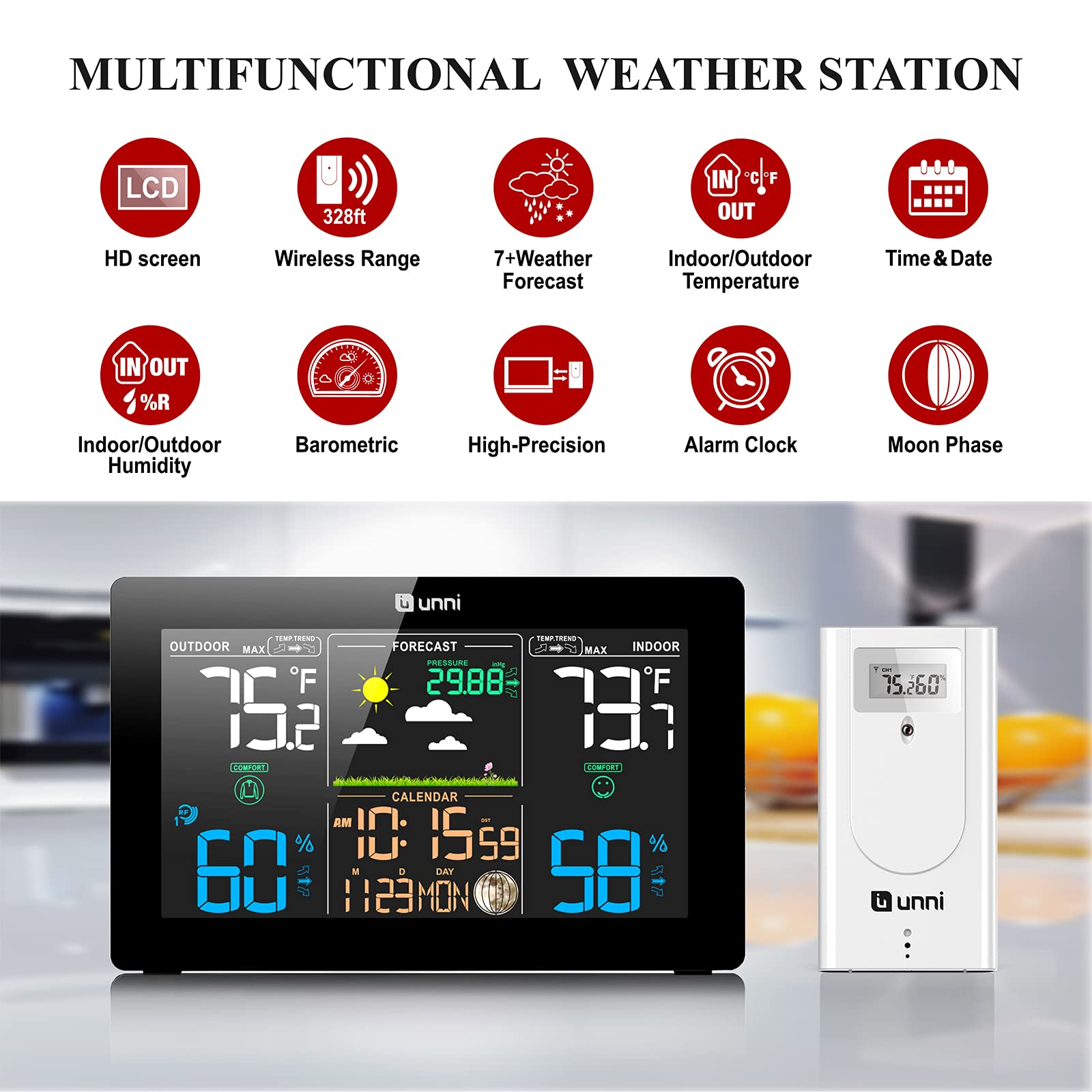 U UNNI Weather Station Wireless Indoor Outdoor Thermometer Inside Outside Temperature Humidity with Calendar and Adjustable Back