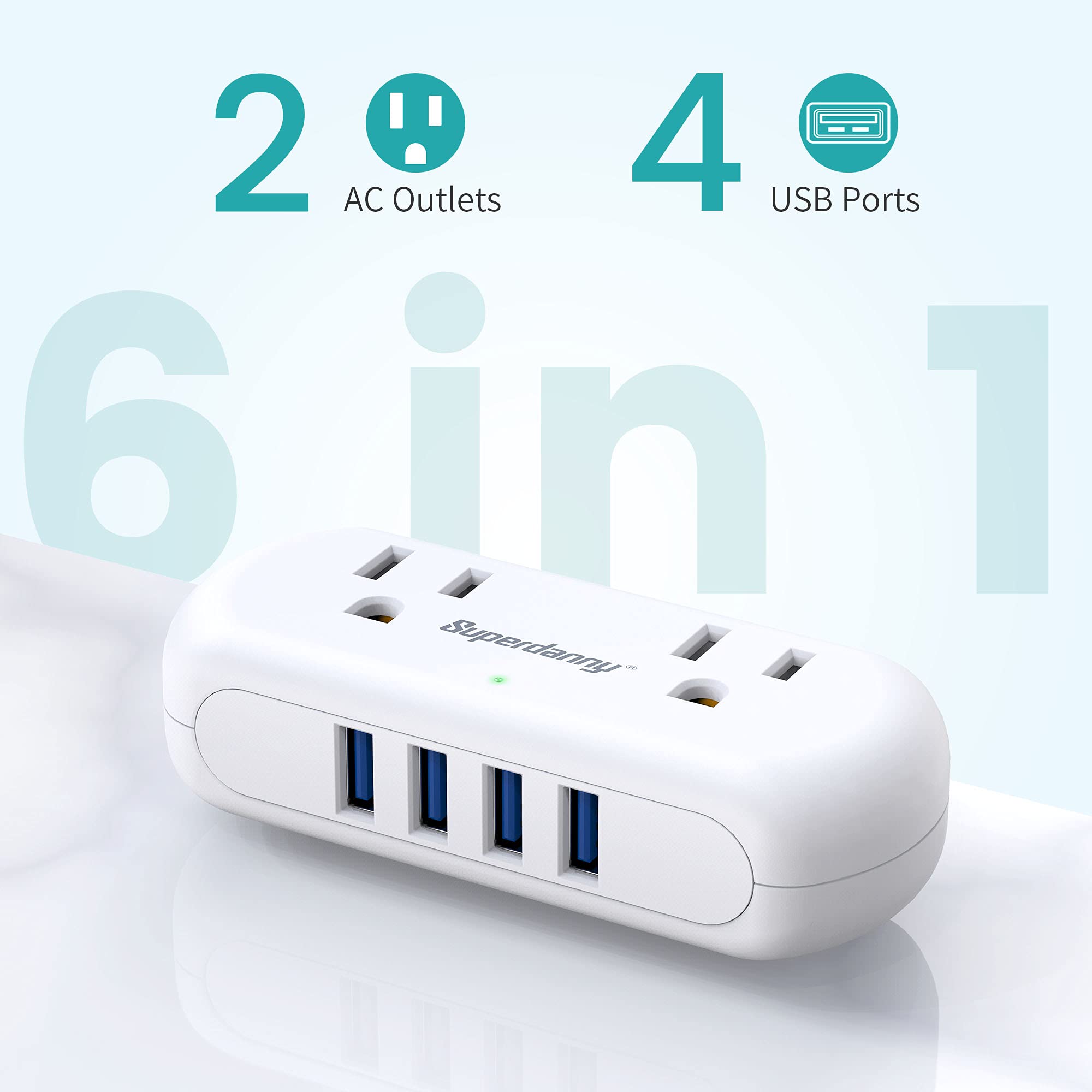 SUPERDANNY Power Strip with USB, 9.8ft Mini Desktop Charging Station with 2 Wide-Spaced Outlets & 4 USB Ports, Portable Flat Plu