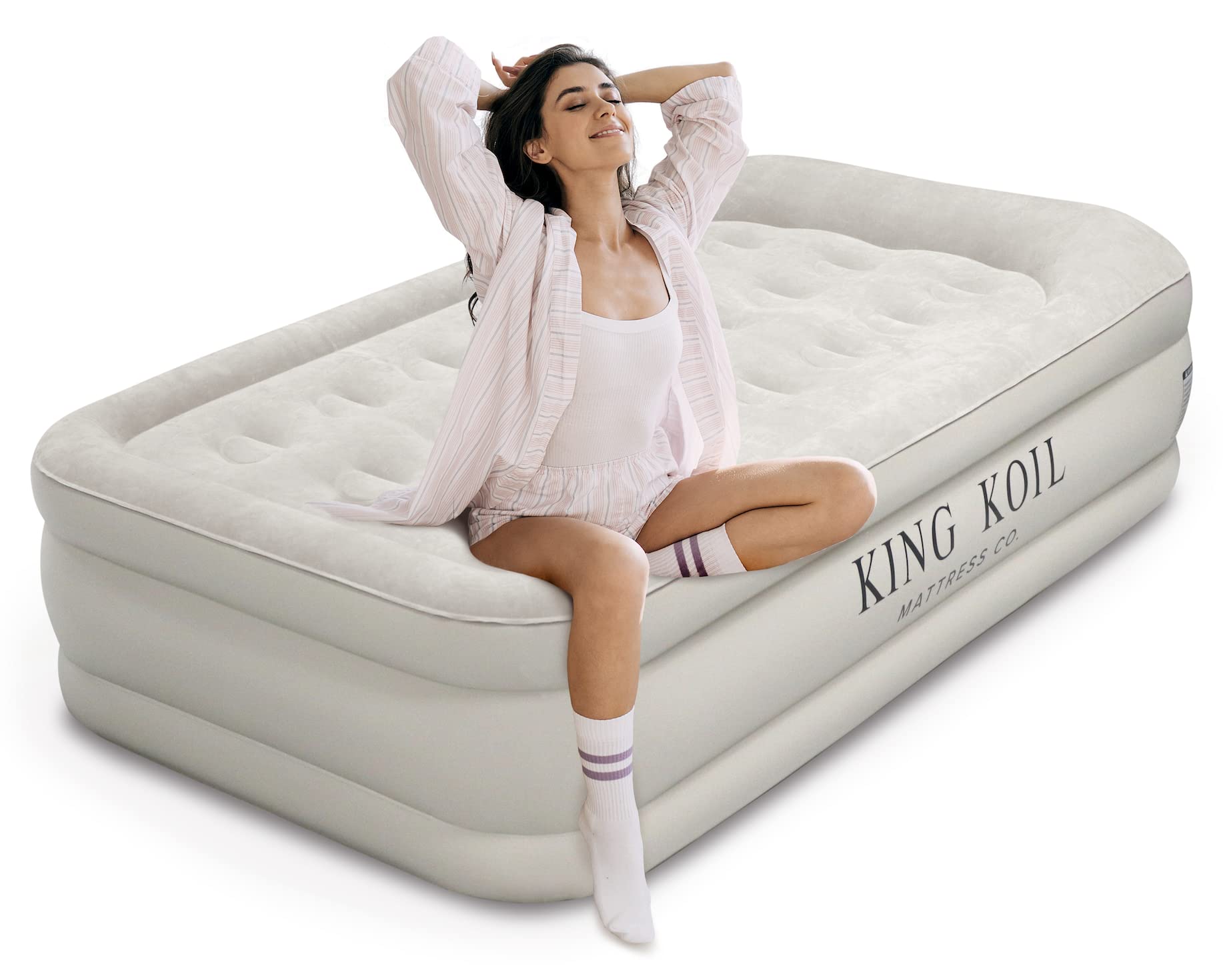 King Koil Twin Air Mattress with Built-in Pump - Double High Elevated Raised Airbed for Guests with Comfortable Top Inflatable B