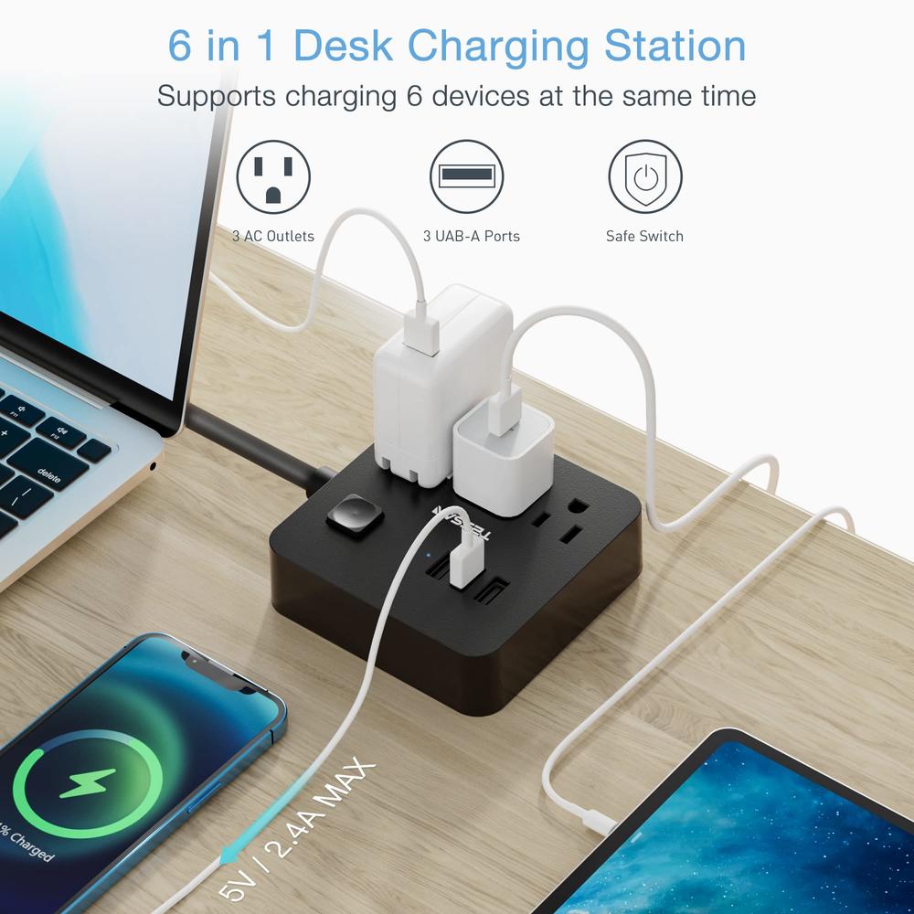 TESSAN Power Strip with 3 USB 3 Outlet, Desktop Charging Station 5 ft Flat Plug Extension Cord, Small and Portable for Cruise Ship, Off