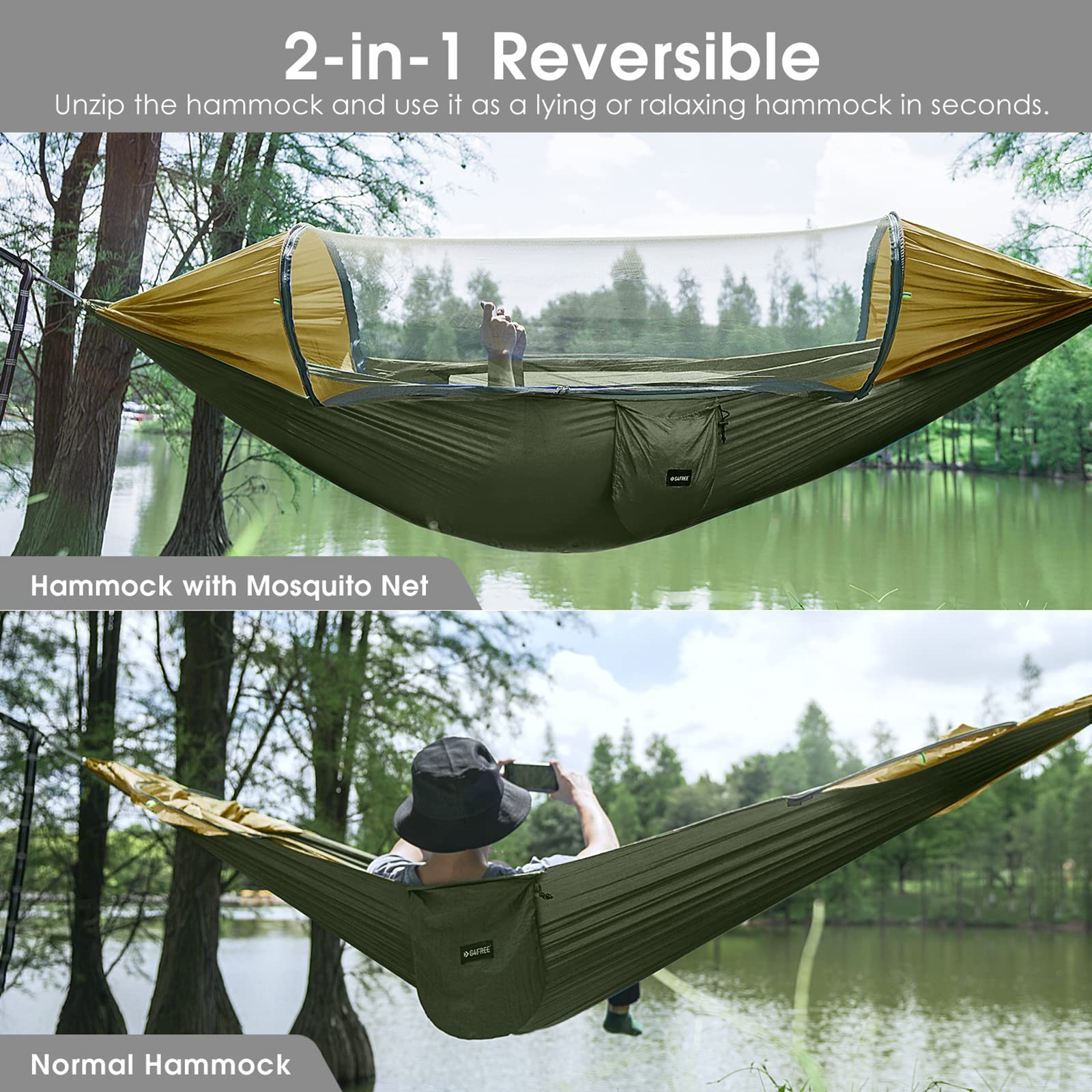 G4Free Large Camping Hammock with Mosquito Net 2 Person Pop-up Parachute Lightweight Hanging Hammocks Tree Straps Swing Hammock 