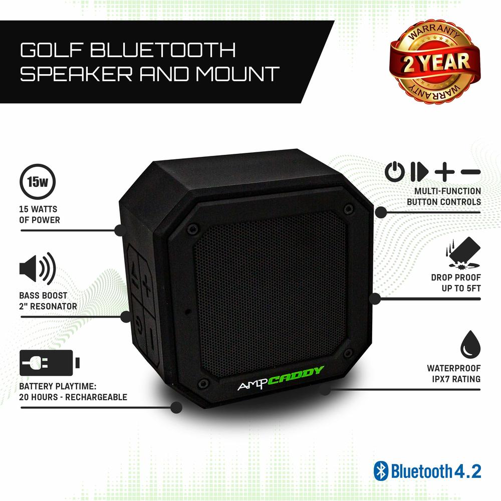 Ampcaddy Golf Bluetooth Speaker with Mount, Version 3 Pro Bluetooth Speaker and Mount with Loud Stereo Sound and Bass Boost, 20-