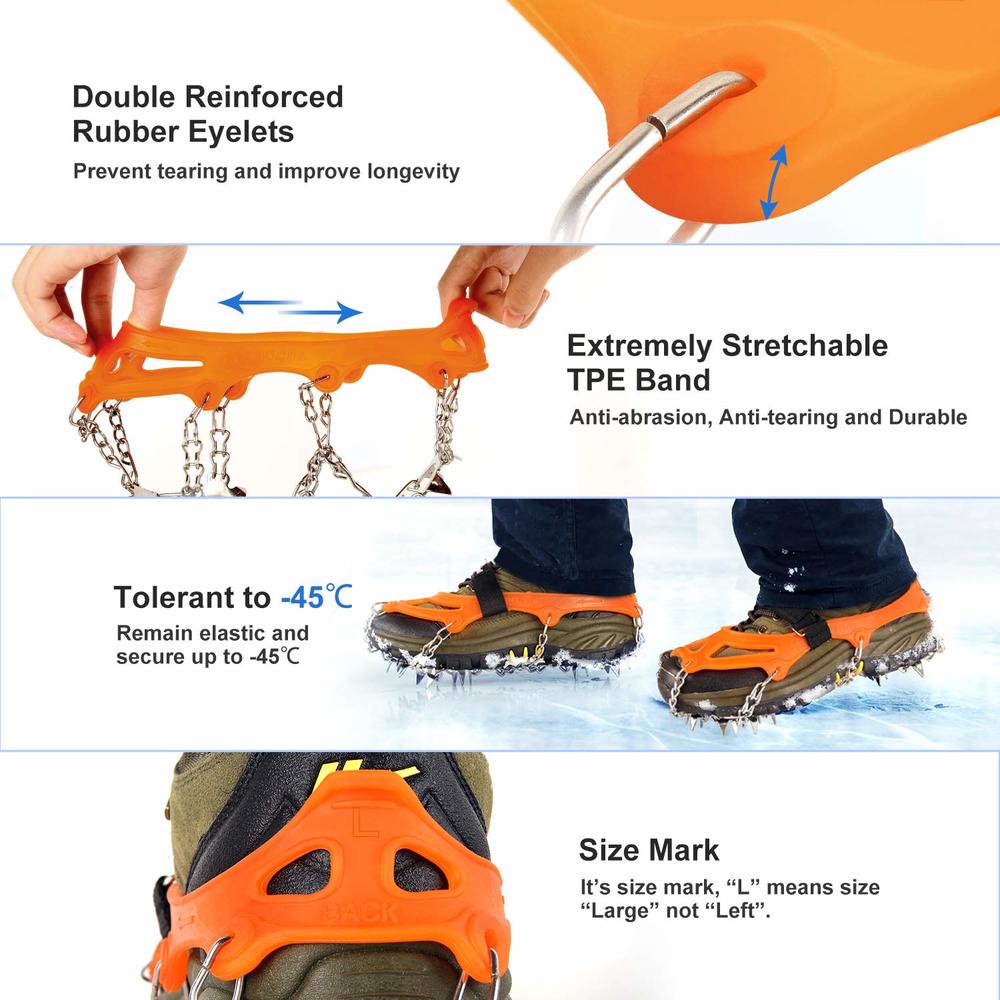 Unigear Crampons for Hiking Boots,Traction Ice Cleats Snow Grips with 18 Spikes for Walking, Jogging, Climbing and Hiking(Orange