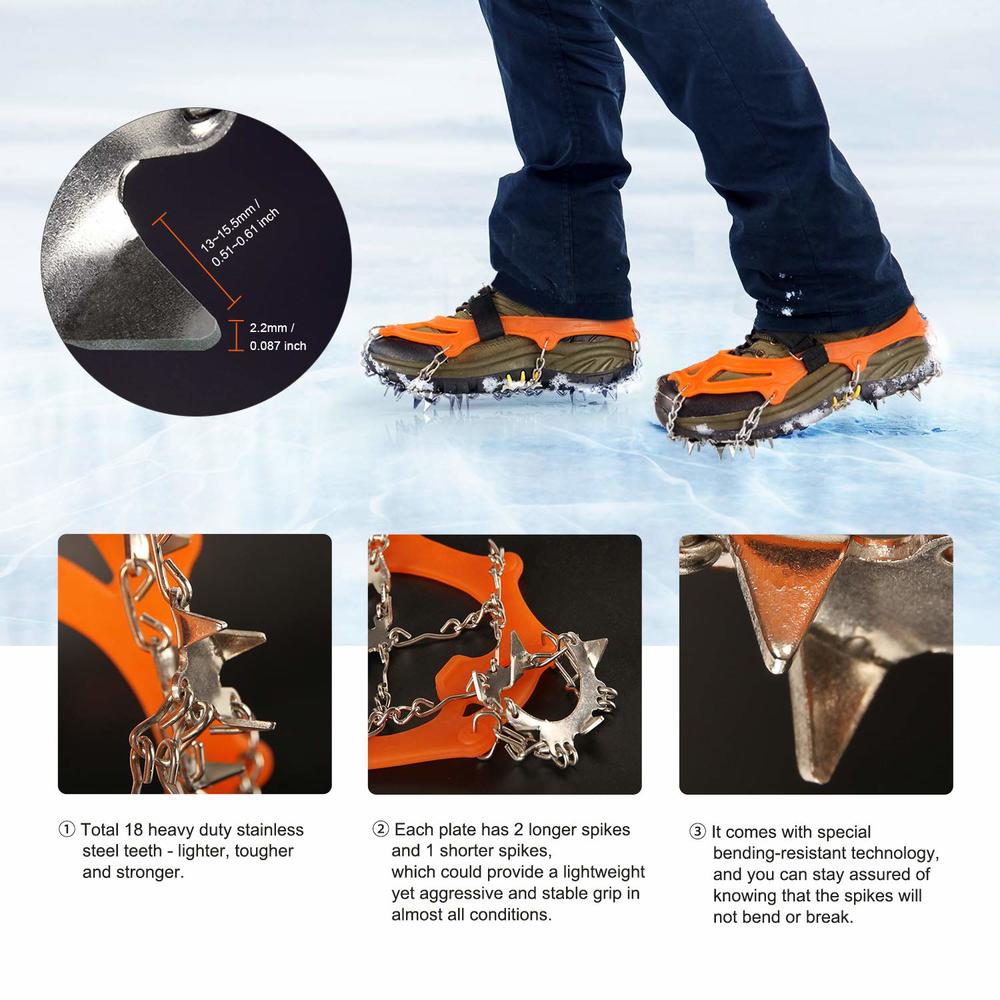 Unigear Crampons for Hiking Boots,Traction Ice Cleats Snow Grips with 18 Spikes for Walking, Jogging, Climbing and Hiking(Orange