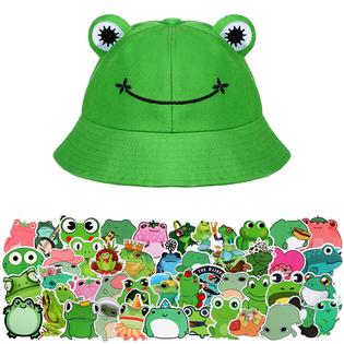 Syhood Frog Bucket Hat or Cow Flamingo Hat with 50 Pieces Stickers Summer  Outdoor Foldable Wide Brim Fisherman Hat Fishing Sun Hat (Fro