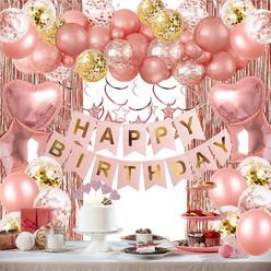 HGH Rose gold Birthday Party Decorations, Happy Birthday Banner, Rose gold Fringe curtain, Heart Star Foil confetti Balloons, Hangin