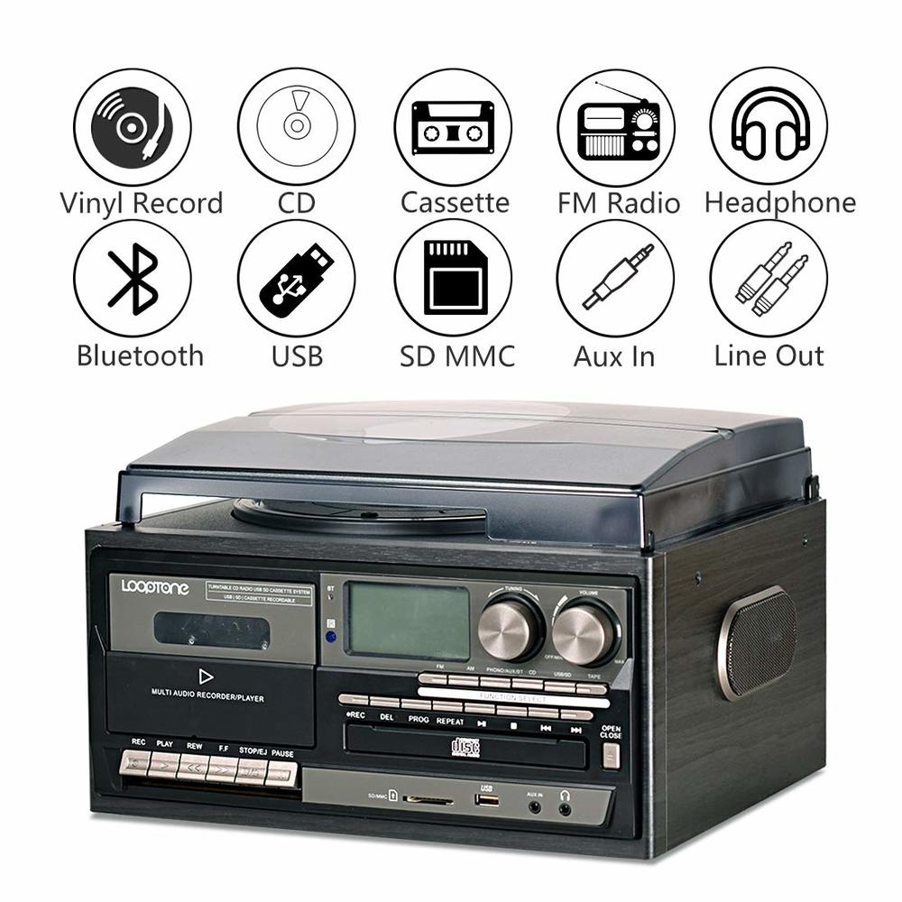 LoopTone Vinyl Record Player 9 in 1 3 Speed Bluetooth Vintage Turntable CD Cassette Player AM/FM Radio USB Recorder Aux-in RCA L