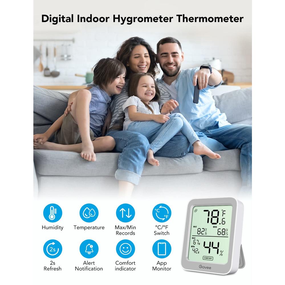Govee Indoor Hygrometer Thermometer 3 Pack, Bluetooth Humidity Temperature Gauge with Large LCD Display, Notification Alert with