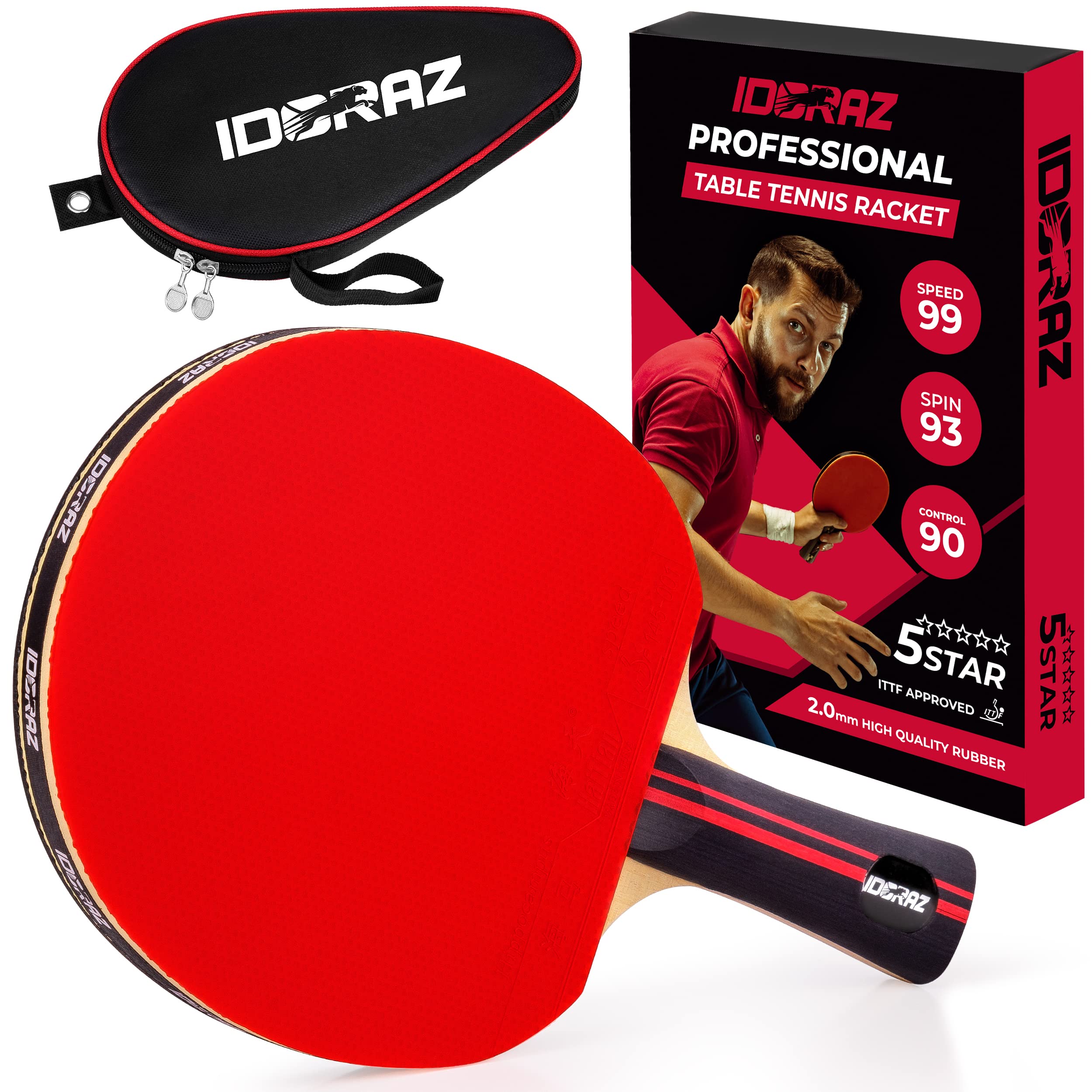Idoraz Table Tennis Racket Professional Paddle - Ping Pong Racket with Carrying Case - ITTF Approved Rubber for Tournament Play