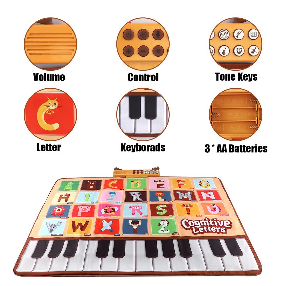 Bluejay Baby Piano Mat, Musical Keyboard Learning Toys with 26 Letters, Electronic Music Animal Touch Play Mat Toddler Toys Gift