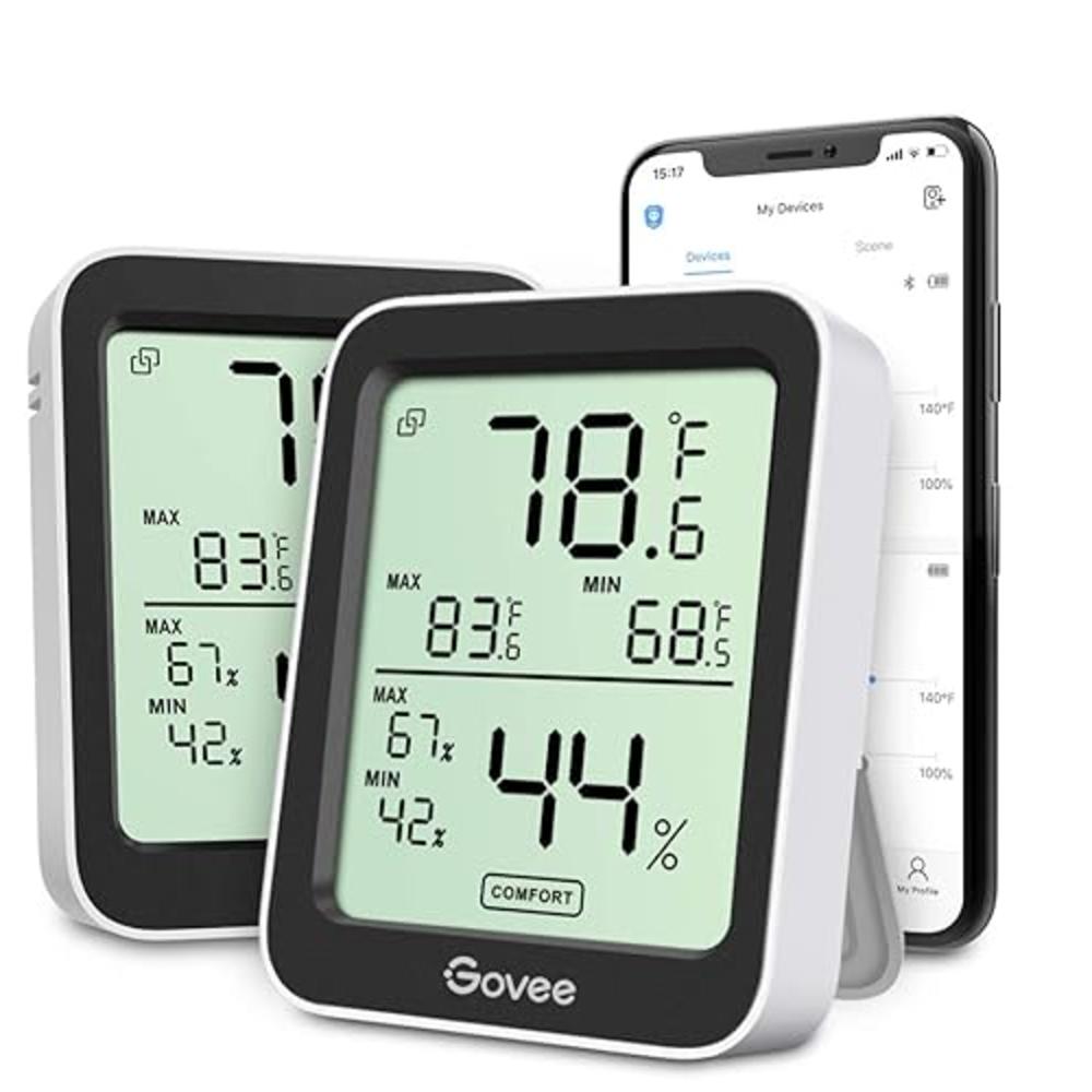 Govee Indoor Hygrometer Thermometer 2 Pack, Bluetooth Humidity Temperature Gauge with Large LCD Display, Notification Alert with