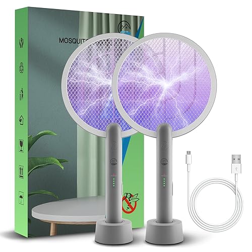 Mosiller Electric Fly Swatter Racket, Mosiller 4000V 2 in 1 Bug Zapper with USB Rechargeable Base, Powerful Mosquitoes Trap Lamp & Fly Ki