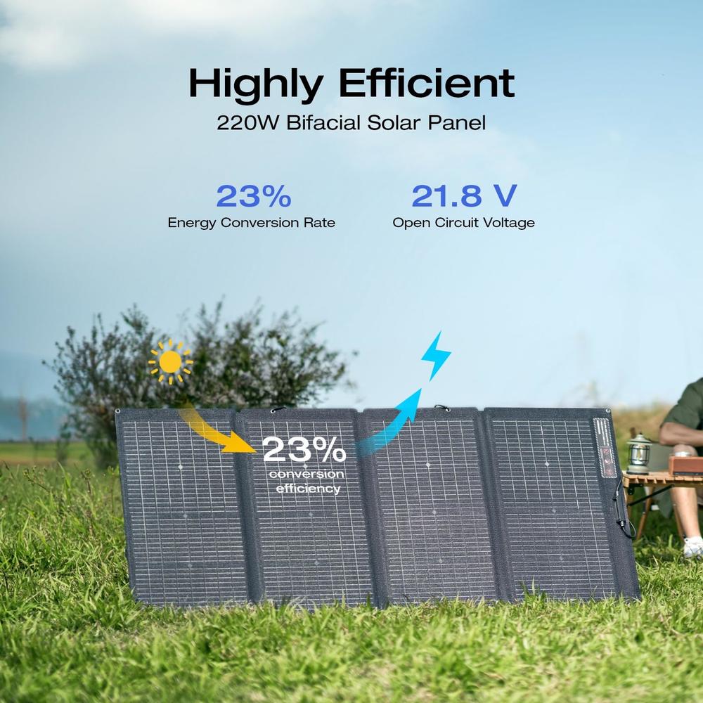 EF ECOFLOW 220Watt Bifacial Foldable Solar Panel, Complete with Adjustable Kickstand, Waterproof IP68 & Durable for Off The Grid