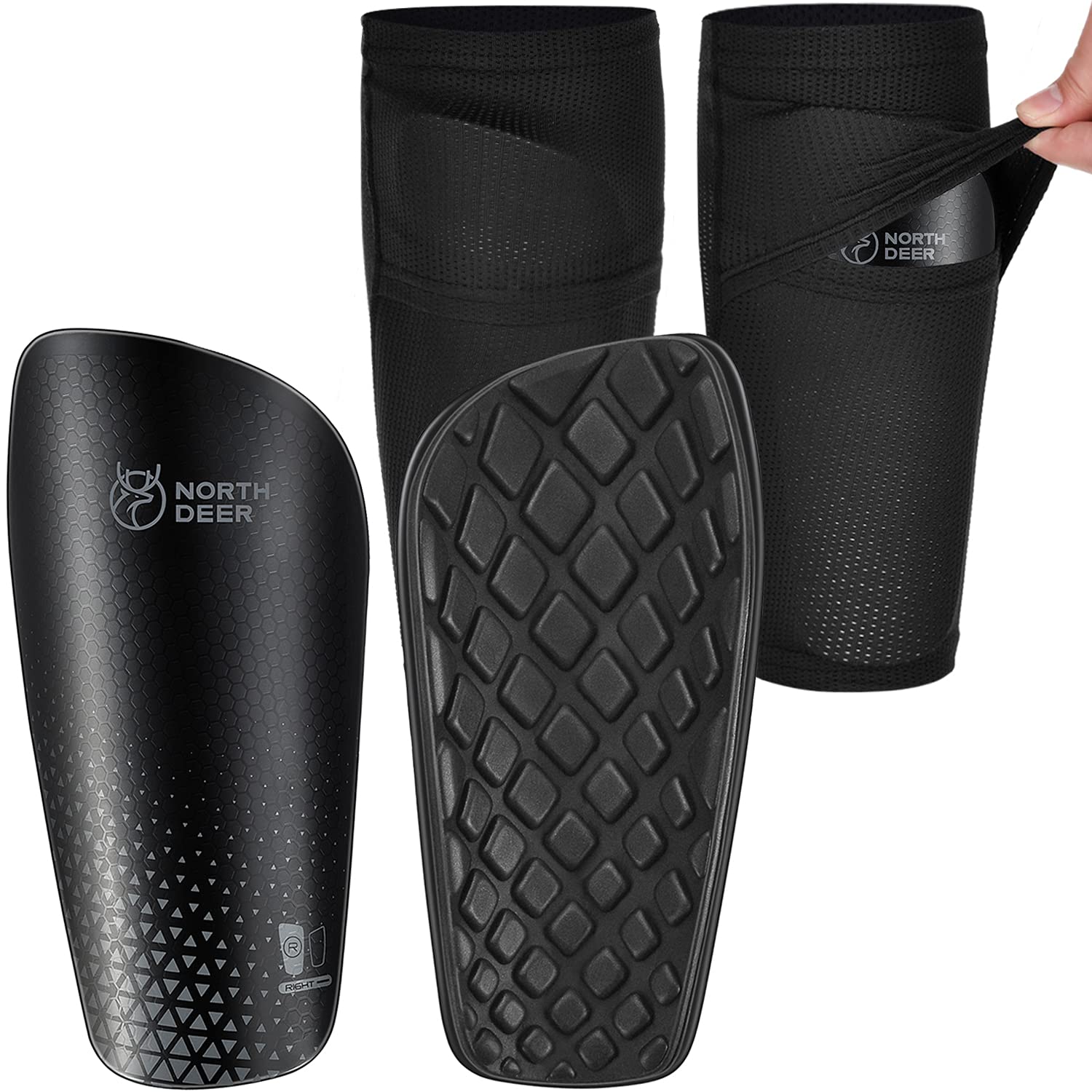 Northdeer Soccer Shin Guards for Men incl. Sleeves with Optimized Insert Pocket - Protective Soccer Equipment for Kids Adults (Black L)