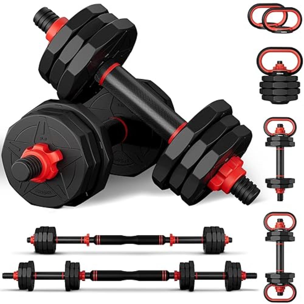 PINROYAL 4 in 1 Adjustable Dumbbell Set, 70LB Free Weights Dumbbells Set with Connecting Rod Used as Barbell, Non-Slip Handles &