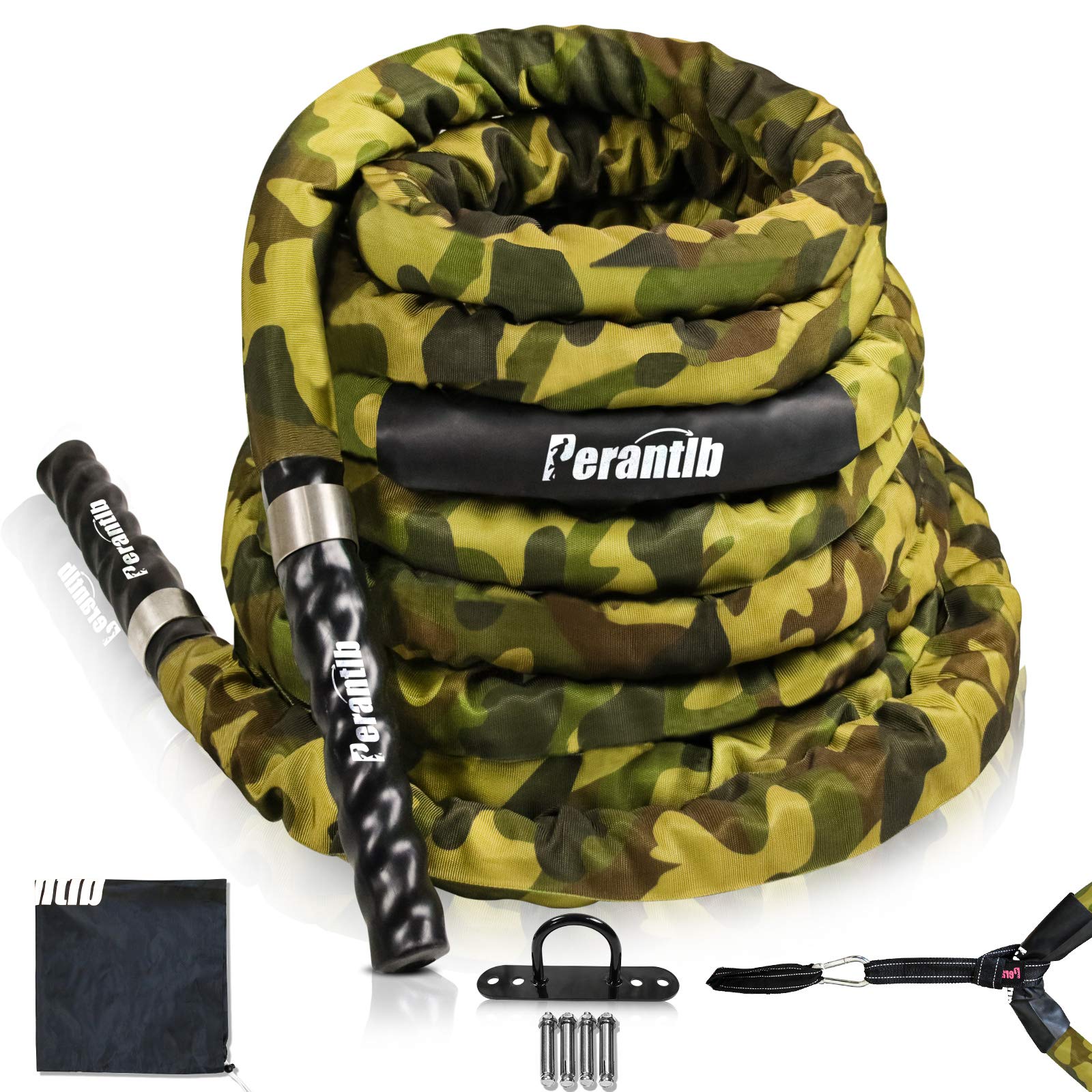 Perantlb Battle Rope with Camouflage Cloth Sleeve -1.5/2 Inch Diameter 30' 40' 50' Lengths -Gym Muscle Toning Metabolic Workout