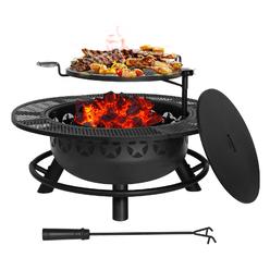Hykolity 35 Inch Fire Pit with Cooking Grate & Charcoal Pan, Outdoor Wood Burning BBQ Grill Firepit Bowl with Cover Lid, Steel R