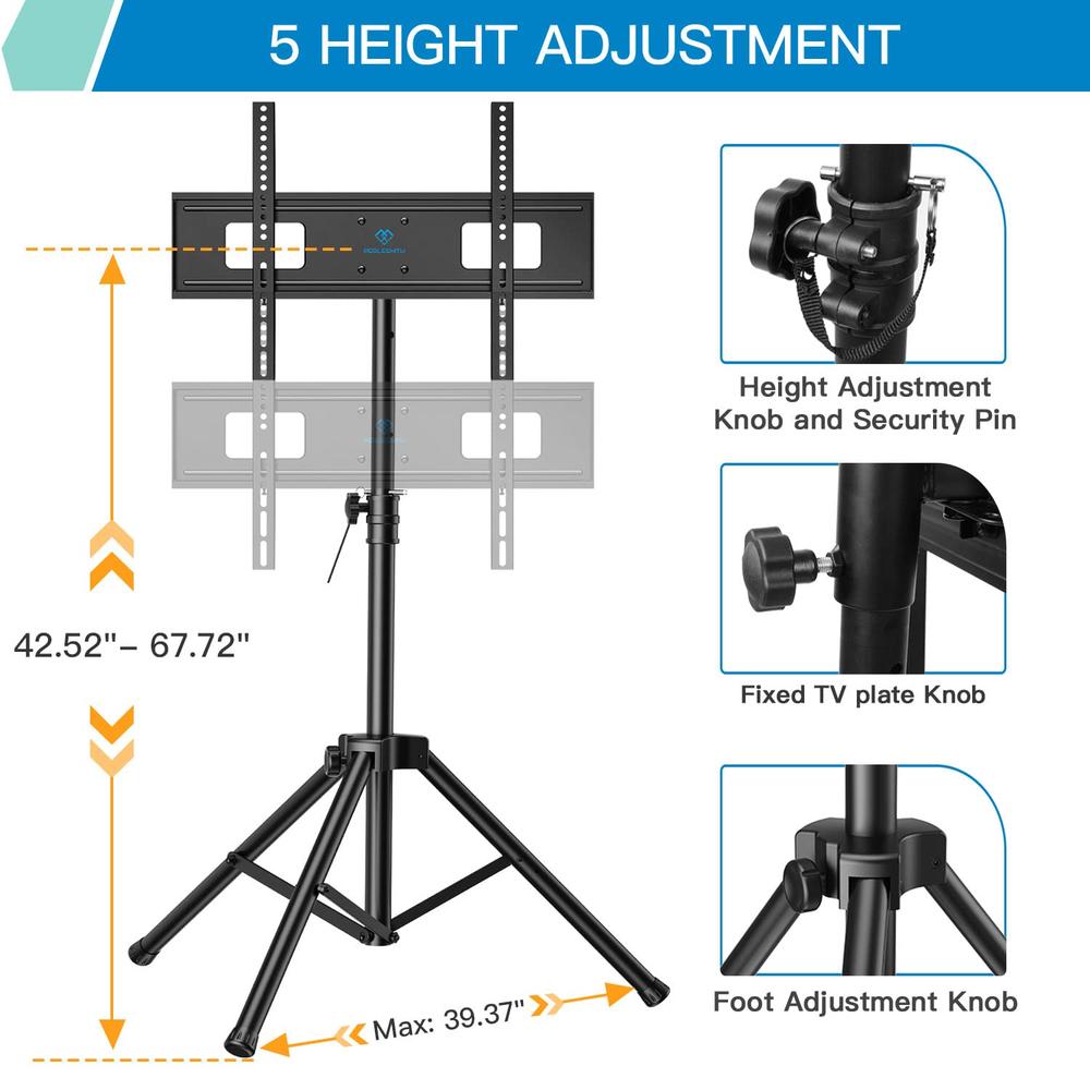 PERLESMITH Tripod TV Stand -Portable TV Stand for 37-80 Inch LED LCD OLED Flat Screen TVs-Height Adjustable Display Floor TV Sta