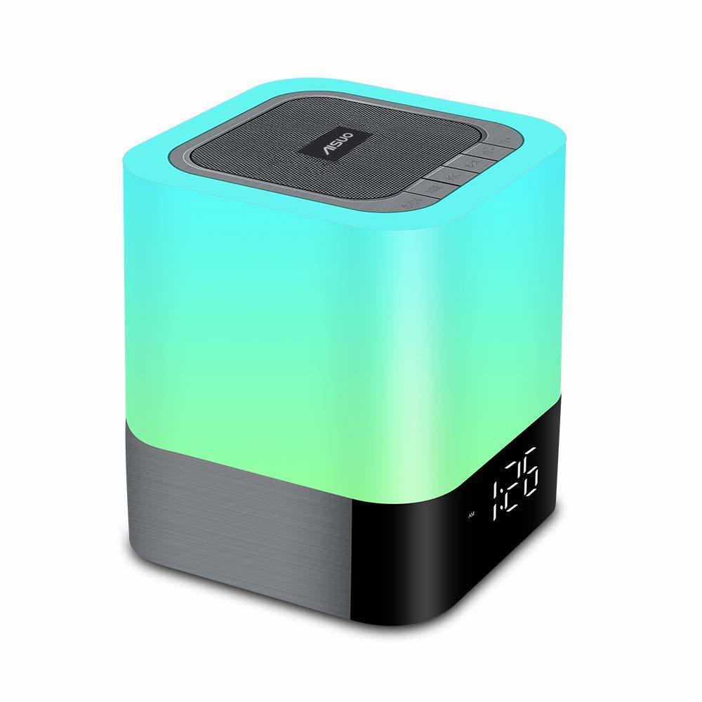Aisuo Night Light-5 in 1 Bedside Lamp with Bluetooth Speaker, 12/24H Digital Calendar Alarm Clock, Touch Control, Support TF and