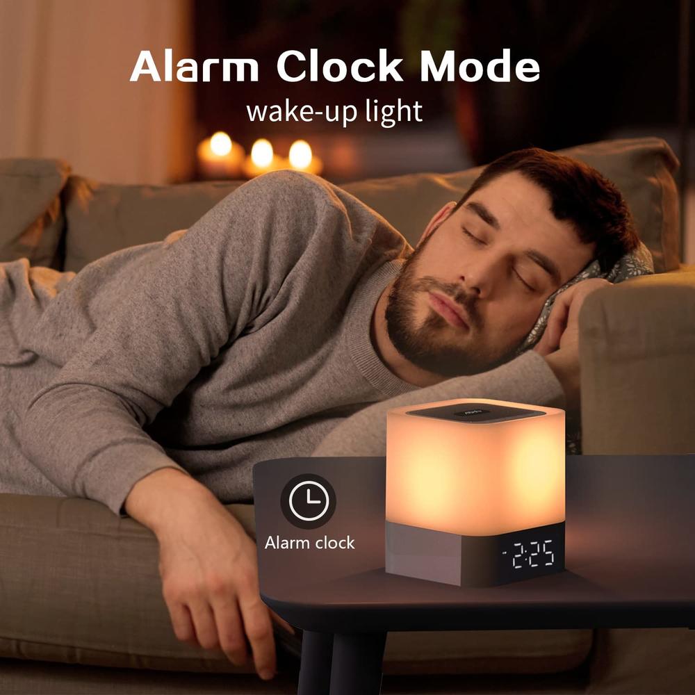 Aisuo Night Light-5 in 1 Bedside Lamp with Bluetooth Speaker, 12/24H Digital Calendar Alarm Clock, Touch Control, Support TF and
