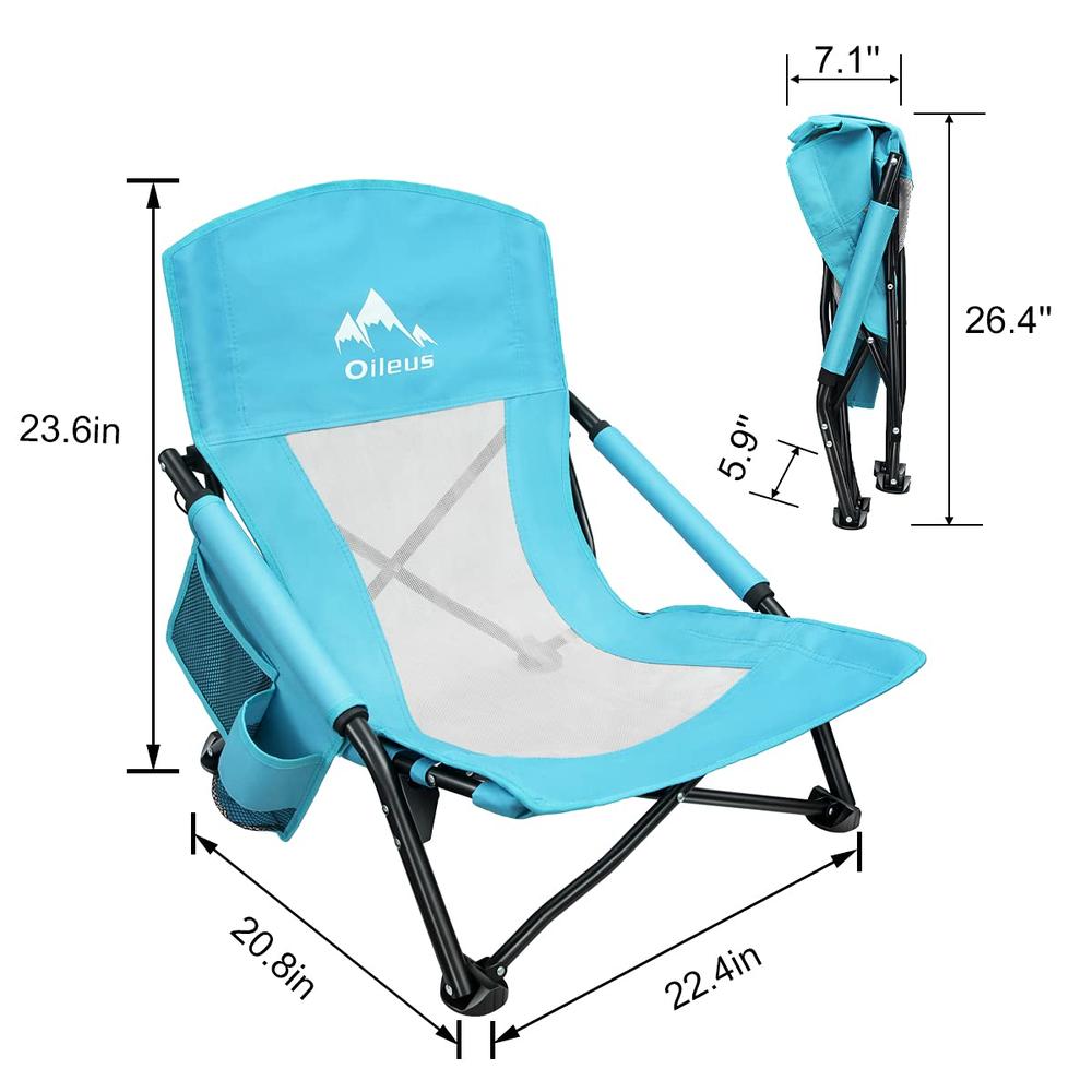Oileus Low Beach Chair for Beach Tent & Shelter & Camping | Outdoor Ultralight Backpacking Folding Recliner Chairs with Cup Hold