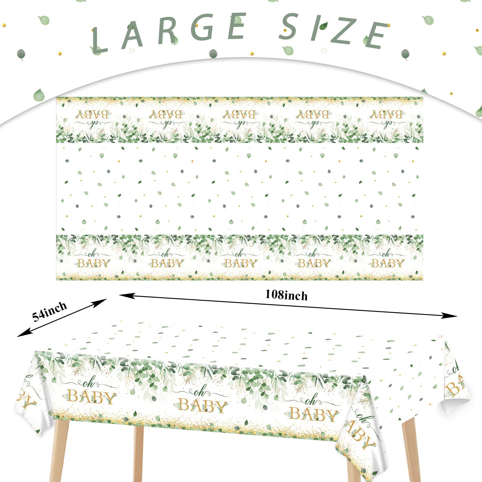 Tevxj 3 Pieces Sage Greenery Oh Baby Tablecloths for Baby Shower Party Decorations Plastic Disposable Gold Foil Eucalyptus Leaf Table 