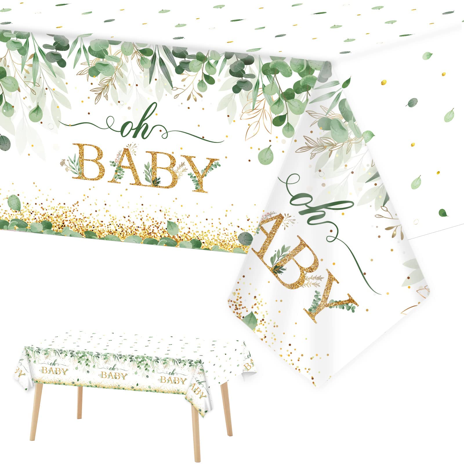 Tevxj 3 Pieces Sage Greenery Oh Baby Tablecloths for Baby Shower Party Decorations Plastic Disposable Gold Foil Eucalyptus Leaf Table 