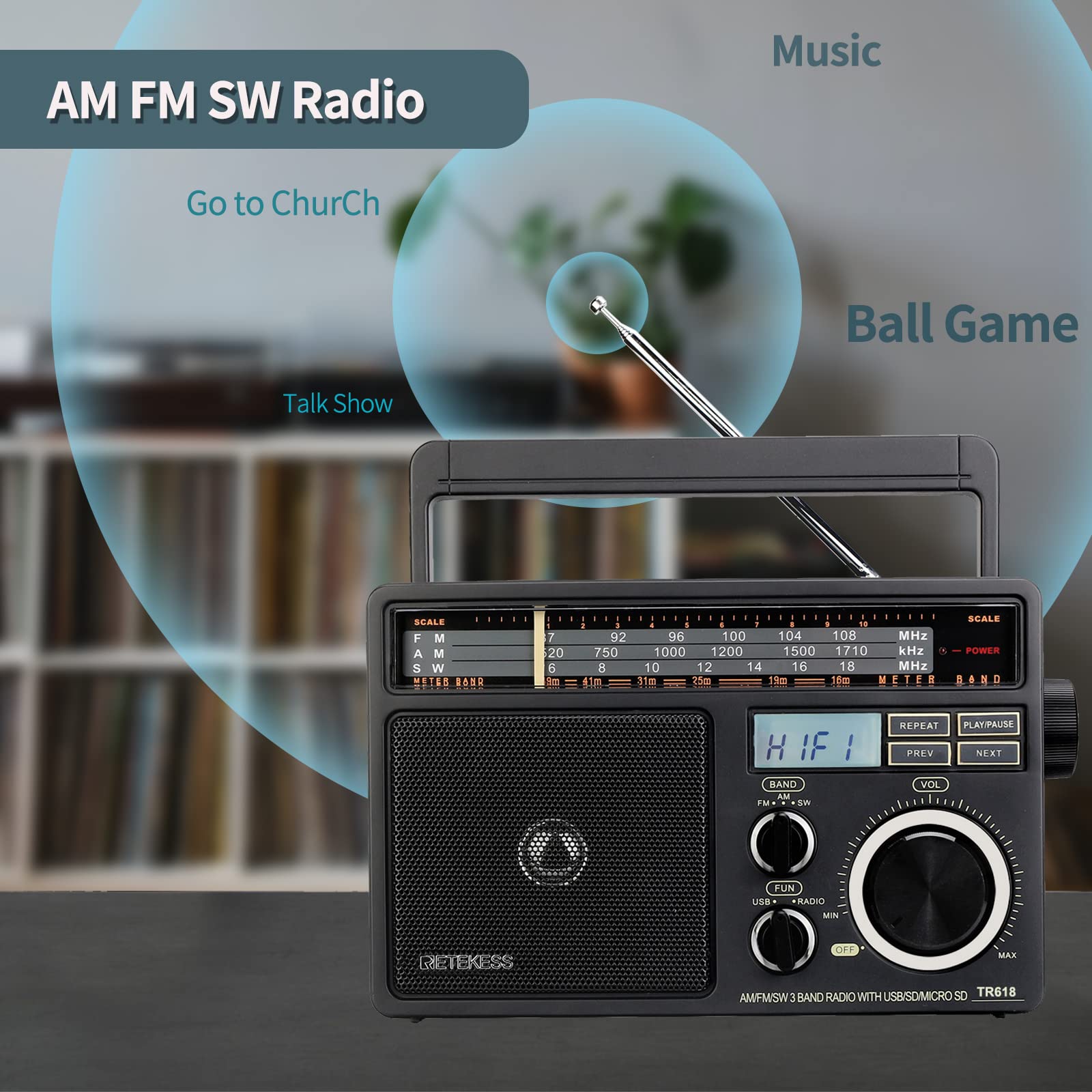 Retekess TR618 AM FM Radio Plug in Wall, Portable Shortwave Radios, Support SD, Micro SD and USB Flash Drive, AM FM Radios with 