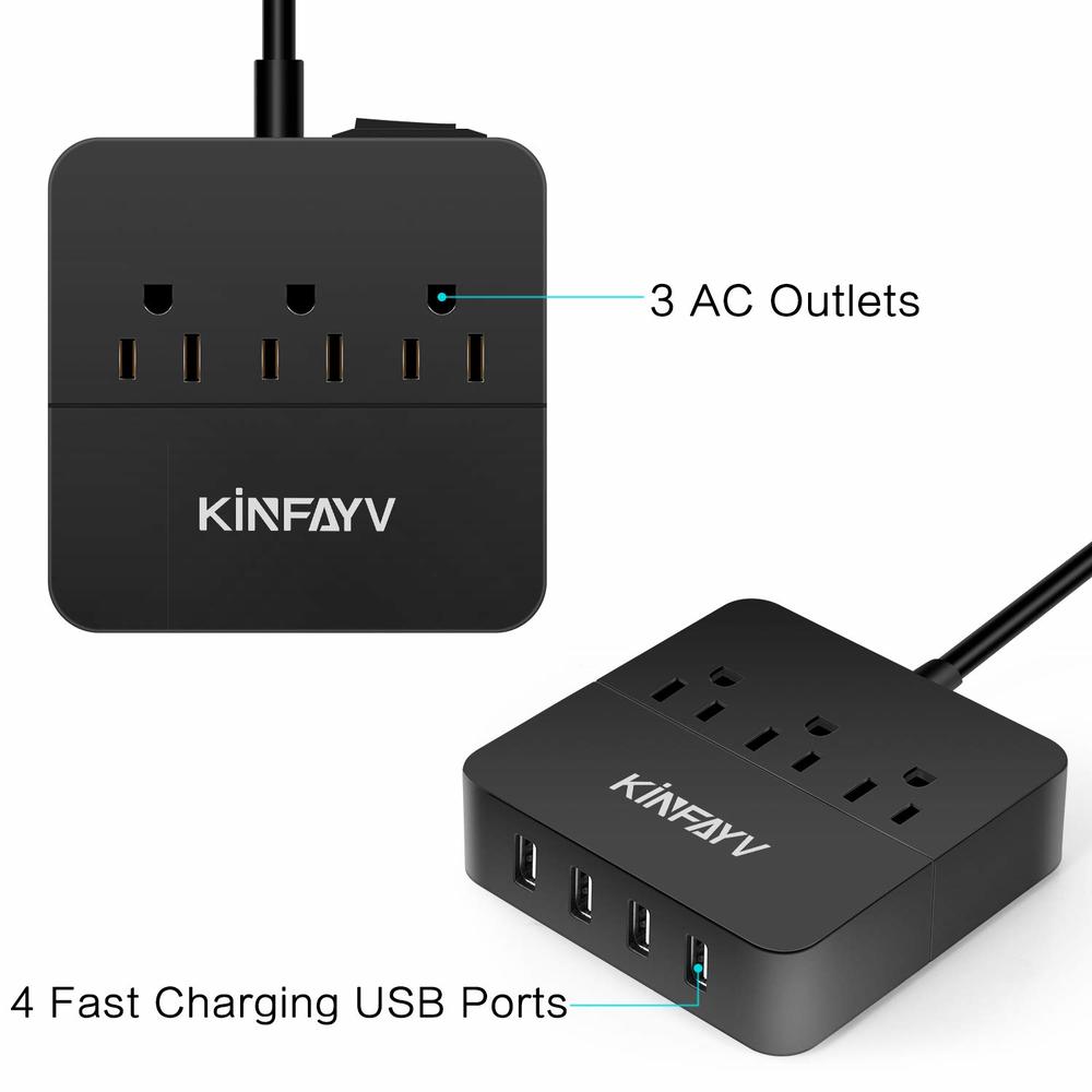 Kinfayv Power Strip with 4 USB Ports & 3 Outlets - Portable USB Strip Surge Protector Desktop Charging Station USB Power Cord wi