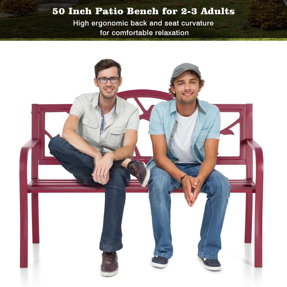 PHI VILLA Outdoor Patio 50" Metal Park Bench Red, Steel Frame Bench with Backrest and Armrests for Porch, Patio, Garden, Lawn, B