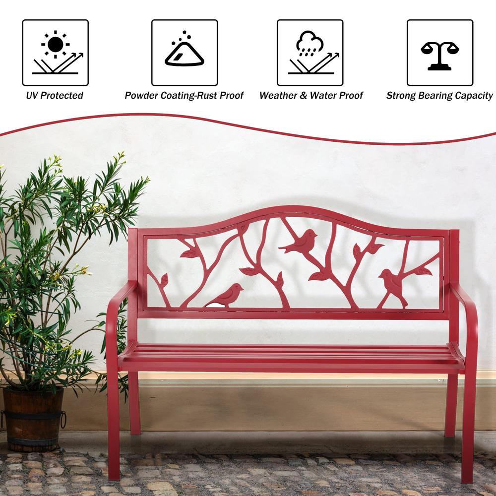 PHI VILLA Outdoor Patio 50" Metal Park Bench Red, Steel Frame Bench with Backrest and Armrests for Porch, Patio, Garden, Lawn, B