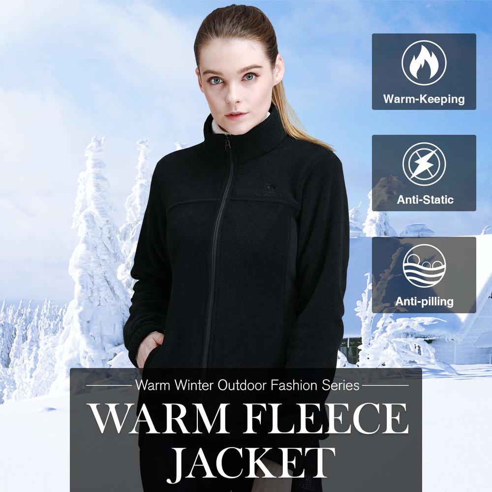 CAMEL CROWN Women Full Zip Fleece Jackets with Pockets Soft Polar Fleece Coat Jacket Sweater for Spring Outdoor New Black L